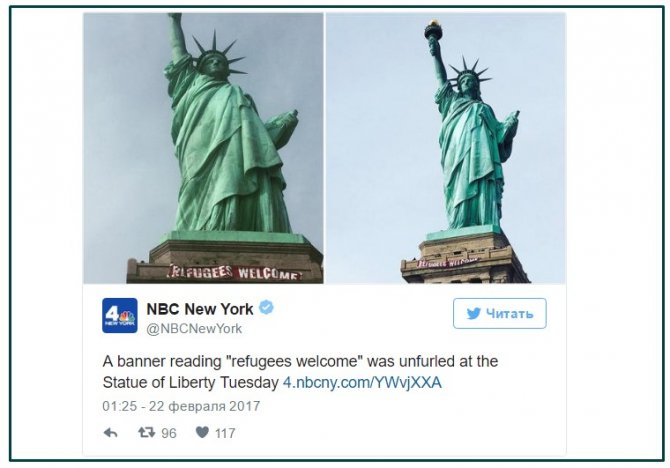 На статую Свободы в Нью-Йорке повесили баннер "Беженцы, добро пожаловать"